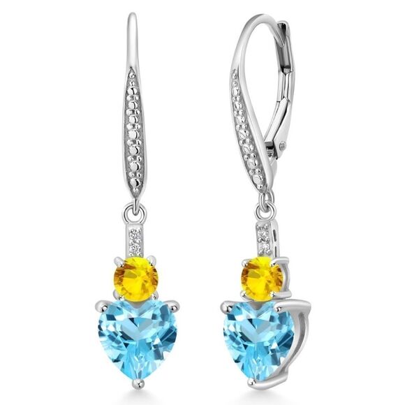 925 Sterling Silver with 3.75 Cttw Blue Topaz and Yellow Sapphire Heart Earrings